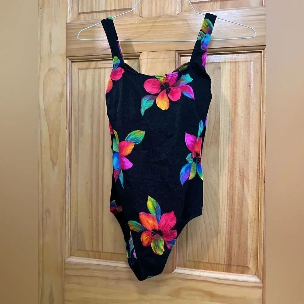 Gorgeous vintage size small black and rainbow floral one piece